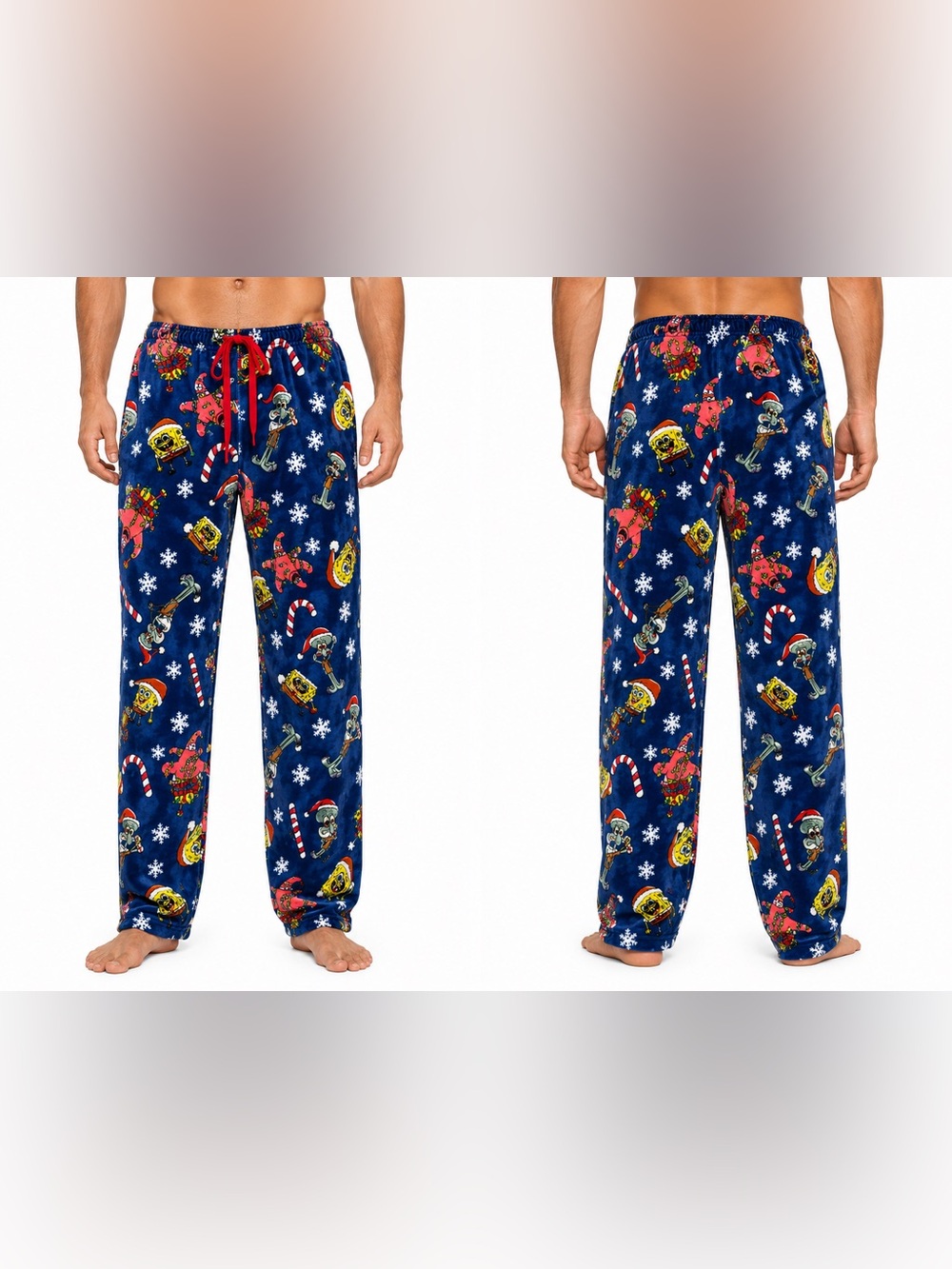 Men's Blue Holiday SpongeBob Character Print Lounge Pants Velvet NEW - Picture 4 of 4